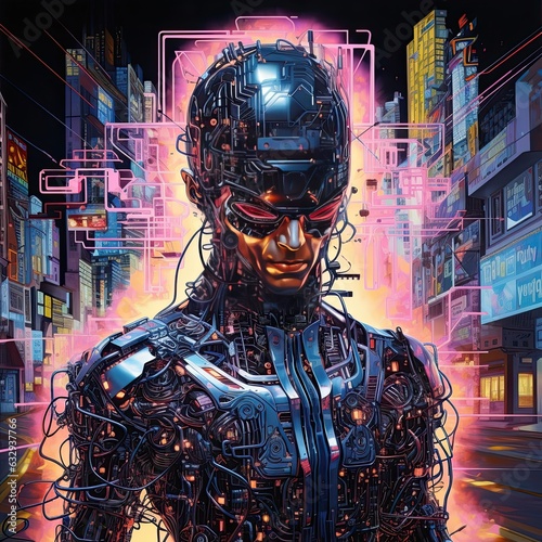 Portrait of cyber man with neon glowing armor and modern helmet with vizor.