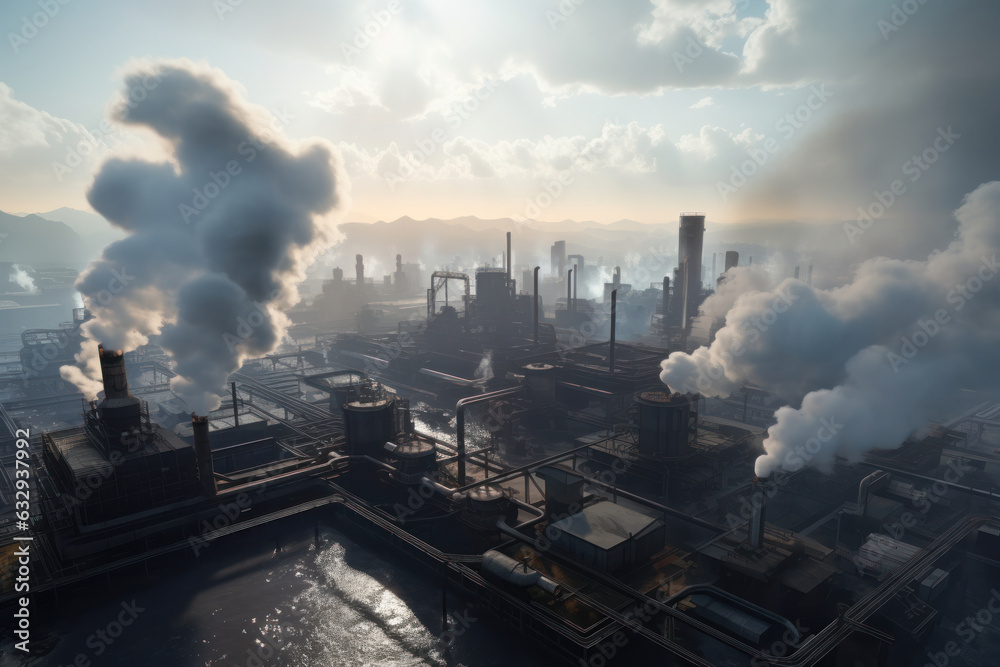 Sky-gray haze from chimneys: Steel mill's top view portrays Industrialization