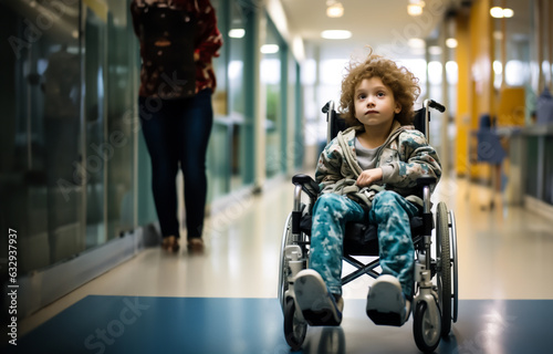 Sick boy in a wheelchair at the hospital. Child illnesses and disabilities. Shallow field of view.
