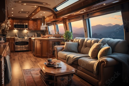 Luxury interior motor house with comfortable furniture. Generative AI