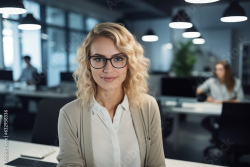 Smiling Young Woman Posing at Work Space. Blond Woman Wearing Eyeglasses in Office.