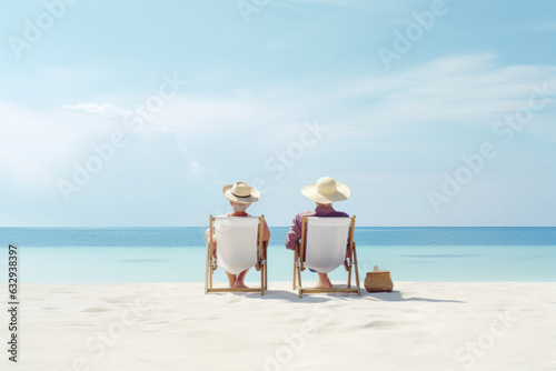 Elderly couple on vacation, beachside view, lounging on sun chairs by the sea © Ai Studio