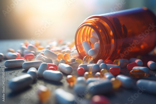 Various Pills Spilling Out of Opened Pill Bottle. Many Different Types of Medicines Lying on Table.