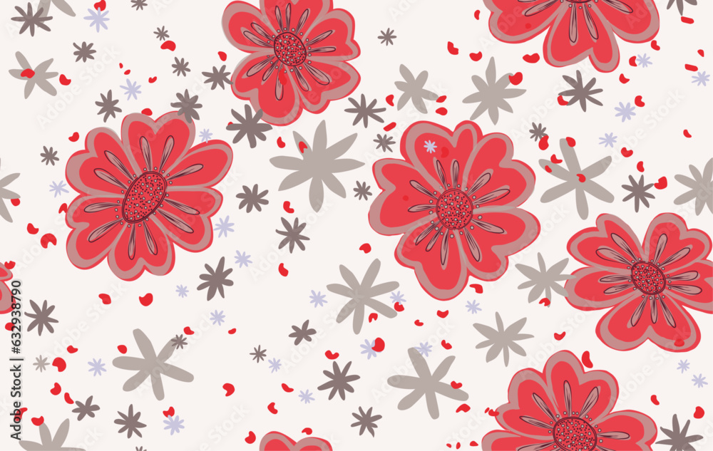 Patrón vectorizado de flores rojas, estrellas y puntos rojos sobre fondo grisaceo, patrón para fondos de diseño o estampados, vector en tonos navideños