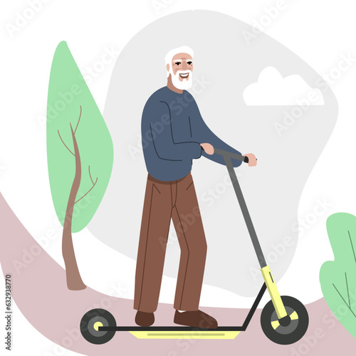 Cheerful elderly man riding an electric scooter. Happy active senior character. Flat vector illustration