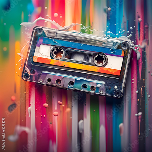 Vintage audio cassette tape on the colourful background 