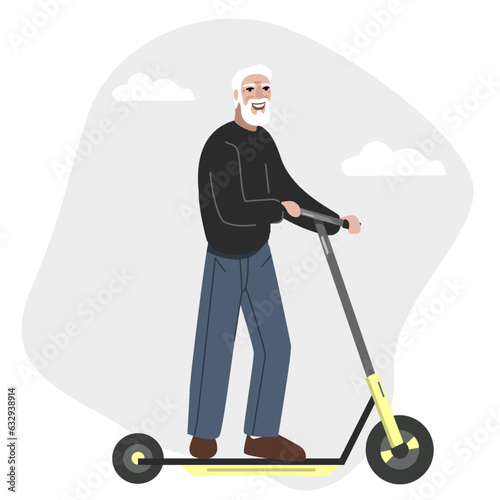 Elderly man riding an electric scooter. Happy active senior character. Flat vector illustration