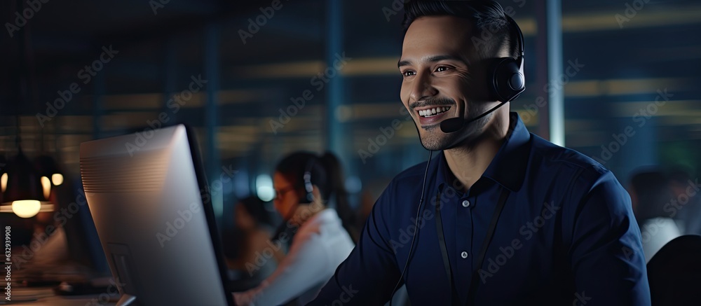 The call center man works with a smile, providing courteous and attentive service while facing his laptop in the office
