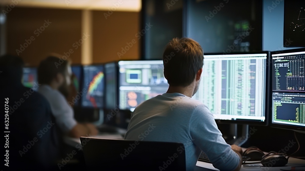 Technical Analyst Monitoring Data on Multiple Screens, Optimizing Assets and Mitigating Risks