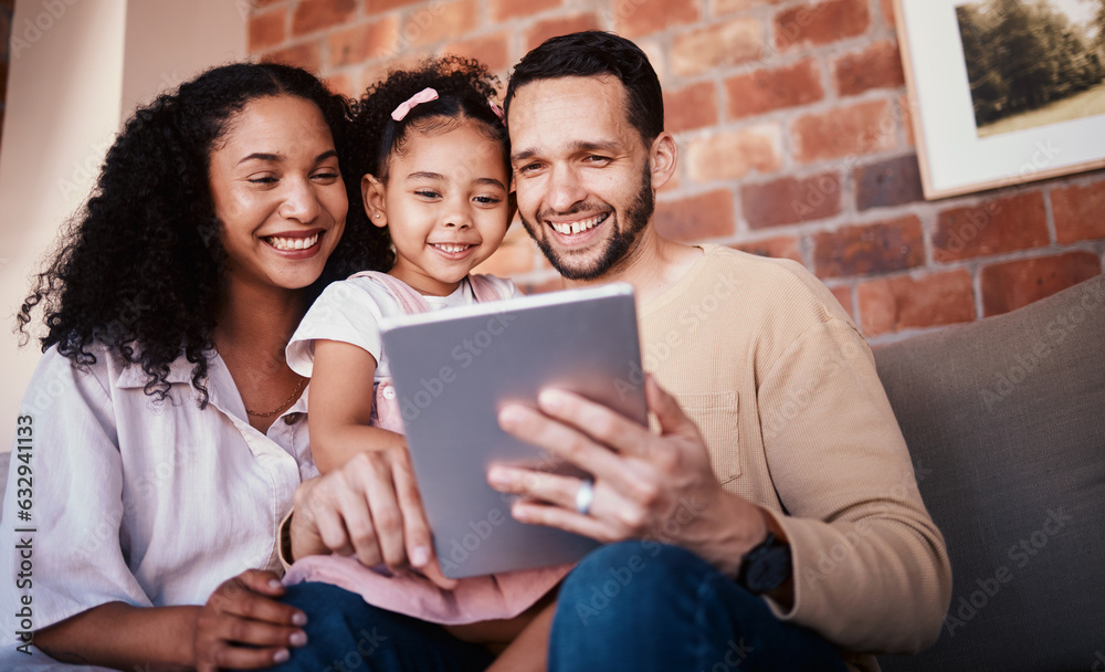 Family, tablet and internet on home sofa for e learning, education and time together. A happy man, woman and kid in a lounge with technology for streaming video, movies or games online in Puerto Rico