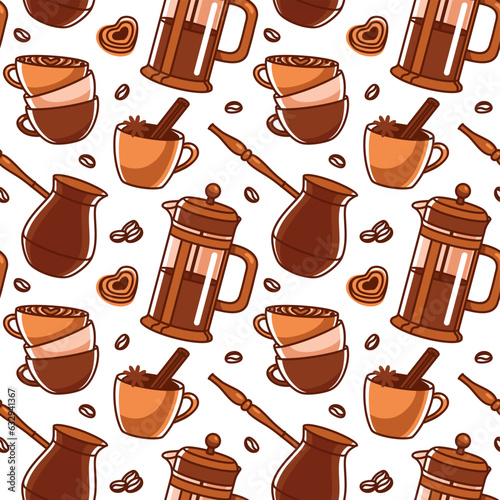 Coffee pot, cezve and different types of coffee. Seamless pattern. Vector