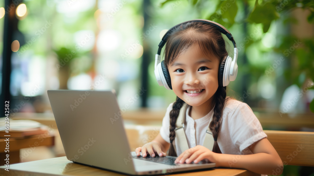 Little cute girl sitting and looking in her laptop. Created with Generative AI technology. Little cute girl sitting and looking in her laptop. Created with Generative AI technology.