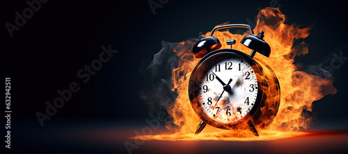 time is running out or deadline concept with bruning alarm clock on fire photo
