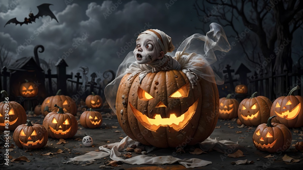 Unveiling the Horror of Ancient Mummies and Sinister Jack-o'-Lanterns in the Eerie Halloween Cemetery ai generated Unveiling the Horror of Ancient Mummies and Sinister Jack-o'-Lanterns in the Eerie Halloween Cemetery ai generated