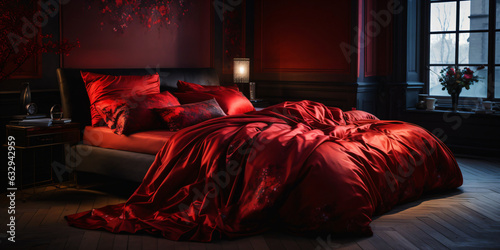 black bed in a loft with red satin bedding