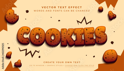 Vector Editable 3D Cookies text effect. Brown chocolate cookies typography graphic style on abstract background