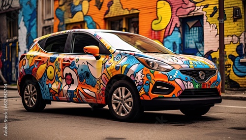 close up graffiti car with city wall full of messy graffiti art illustration, Generative Ai