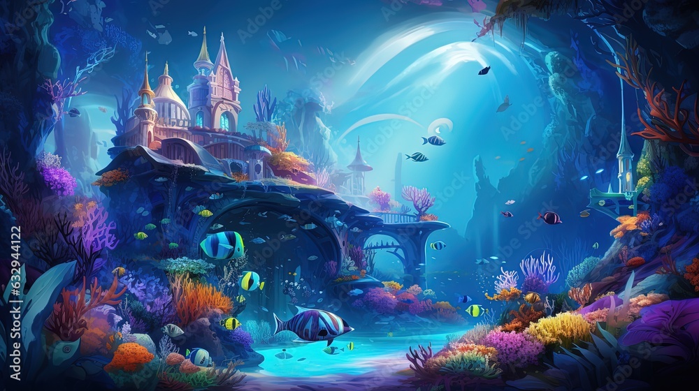 painting style illustration, a house at ocean floor  underwater coral reef with fish and  lights glow from above water surface, Generative Ai - obrazy, fototapety, plakaty 