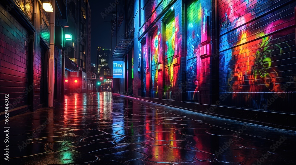Obraz premium punk rock atmosphere wet city street after rain at night time with colorful light and graffiti wall, Generative Ai