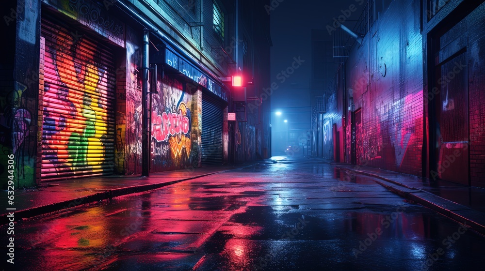 wet city street after rain at night time with colorful light and graffiti wall, Generative Ai