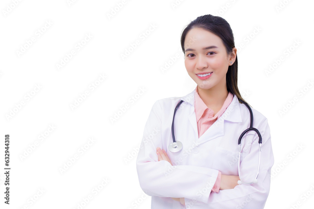 Professional young Asian woman doctor wearing white robe standing with arms crossed happy and smile in office at hospital while working isolated on white background. Professional young Asian woman doctor wearing white robe standing with arms crossed happy and smile in office at hospital while working isolated on white background.