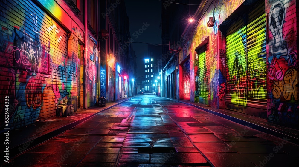 Obraz premium wet city street after rain at night time with colorful light and graffiti wall, Generative Ai