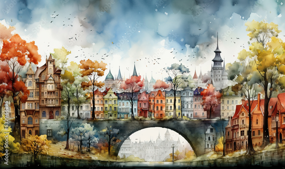 custom made wallpaper toronto digitalWatercolor drawing, architectural houses in the autumn cityscape.