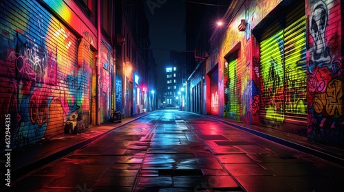 Print op canvas wet city street after rain at night time with colorful light and graffiti wall,
