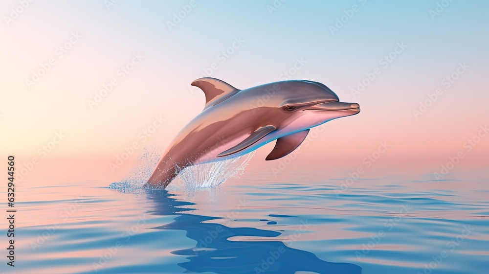 Naklejka premium Bottlenose dolphin jump over ocean surface against sunlight , dusk or dawn beautiful background, Generative Ai