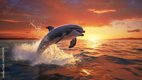 Bottlenose dolphin jump over ocean surface against sunlight , dusk or dawn beautiful background, Generative Ai