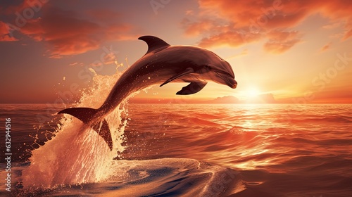 Bottlenose dolphin jump over ocean surface against sunlight , dusk or dawn beautiful background, Generative Ai