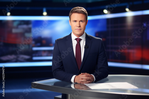 News anchor in a studio interacting with a live feed from the scene, journalist, blurred background, natural light, affinity, bright background