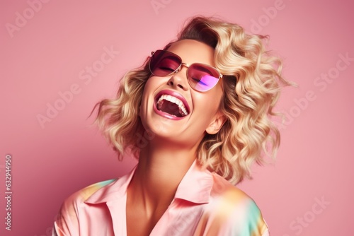 Blonde young and happy woman laughing, wearing 80s fashionable stylish clothes. Posing as a supermodel on a pink studio background