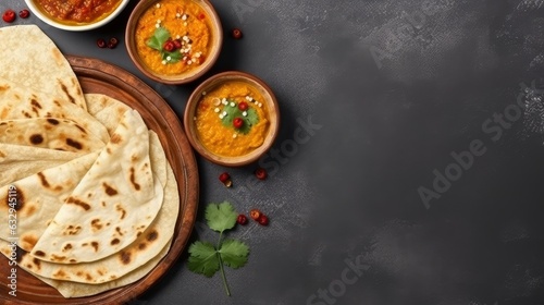 Authentic Indian Curry with Fragrant Spices and Herbs Served with Rice, Papadum and Chutney, a Flavorful Representation of Diverse Cuisines from the Indian Subcontinent.