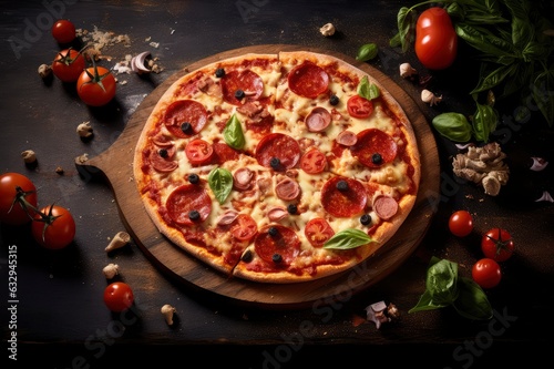 Freshly Baked Pizza on Wooden Board Topped with Classic Ingredients Like Tomatoes, Mozzarella, Basil and Pepperoni for Customizable Gourmet Flavors.