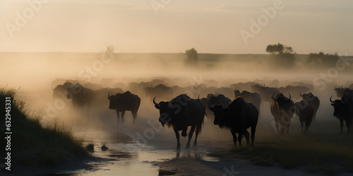 Group of buffalos wandering through the steppe