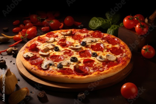 Freshly Baked Pizza on Wooden Board Topped with Classic Ingredients Like Tomatoes, Mozzarella, Basil and Pepperoni for Customizable Gourmet Flavors.