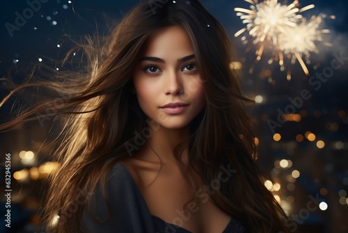 Beautiful Women Standing in Front of Fireworks, Generative Ai