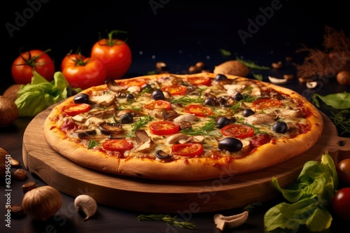 Freshly Baked Pizza on Wooden Board Topped with Classic Ingredients Like Tomatoes, Mozzarella, Basil and Pepperoni for Customizable Gourmet Flavors.
