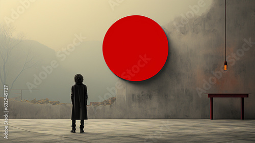 a person standing in front of a red circle
