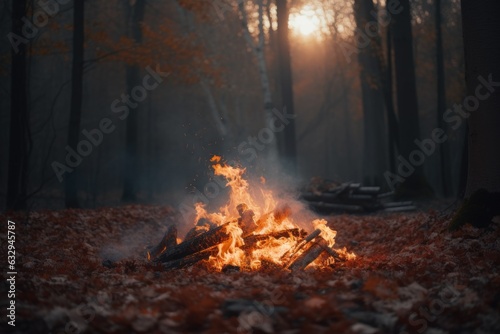Bonfire in a forest setting  with flames crackling and autumn leaves scattered around. The warm glow of the fire contrasting against the dimly lit surroundings. Generative AI.