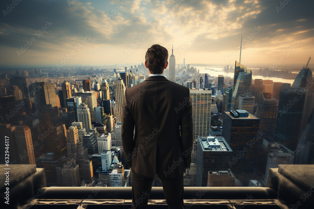 Fototapeta premium Businessman standing looking the city from top of building, Rear view, Business ambition and vision concept. Generated AI.
