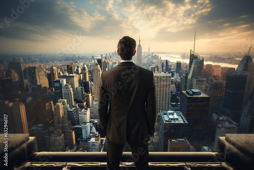 Businessman standing looking the city from top of building, Rear view, Business ambition and vision concept. Generated  AI. © nuruddean