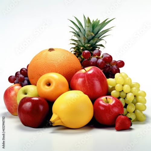 Vibrant Assortment of Fresh Fruit Presented on a White Backdrop  with Apples  Oranges  Grapes  Plums and Variety Fruit Displaying a Rainbow of Tantalizing Colors and Textures.