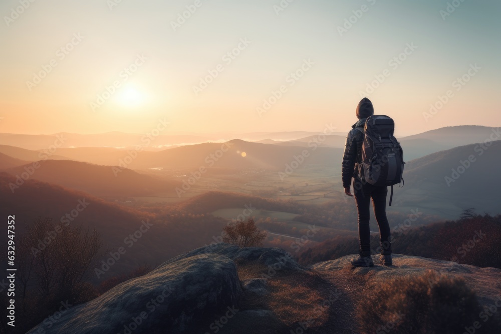 A traveler standing on a high viewpoint, overlooking a vast, picturesque landscape. The image represents the spirit of exploration and adventure. Generative AI.
