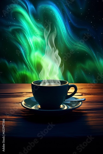 impressionist aurora borealis emerging from a cup of coffee, generative ai