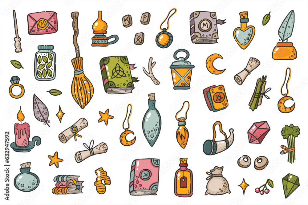Different elements for witches and wizards at school of magic. Cartoon stickers set. Magic wand, feather, envelope, runes, cauldron, book, magic hat, wand, playing cards and magical ball Different elements for witches and wizards at school of magic. Cartoon stickers set. Magic wand, feather, envelope, runes, cauldron, book, magic hat, wand, playing cards and magical ball