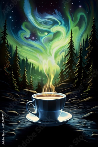 impressionist aurora borealis emerging from a cup of coffee, generative ai
