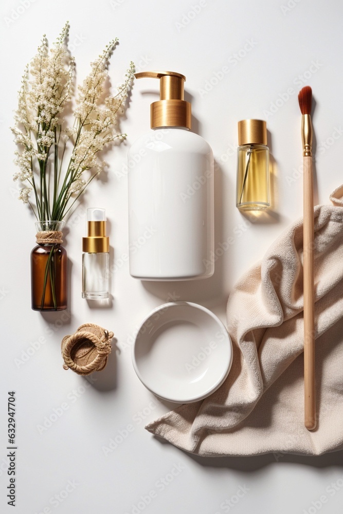 Set of spa products on wooden table against grey background Set of spa products on wooden table against grey background