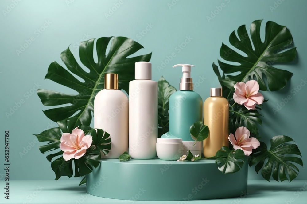Set of cosmetic products and tropical leaves on table, 3d render Set of cosmetic products and tropical leaves on table, 3d render